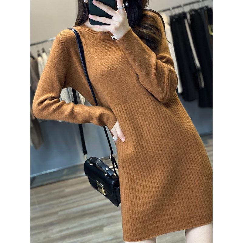 Autumn and Winter New Medium and Long Sweater Women's Crew Neck Knitted with Coat Dress Small Versatile Bottoming Skirt