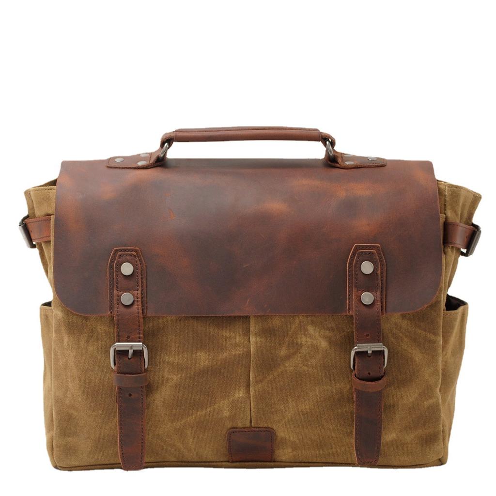 Vintage Oil Waxed Canvas with Crazy Horse Leather Briefcase European-American Men'S Bag Vintage Single Shoulder Crossbody Tote