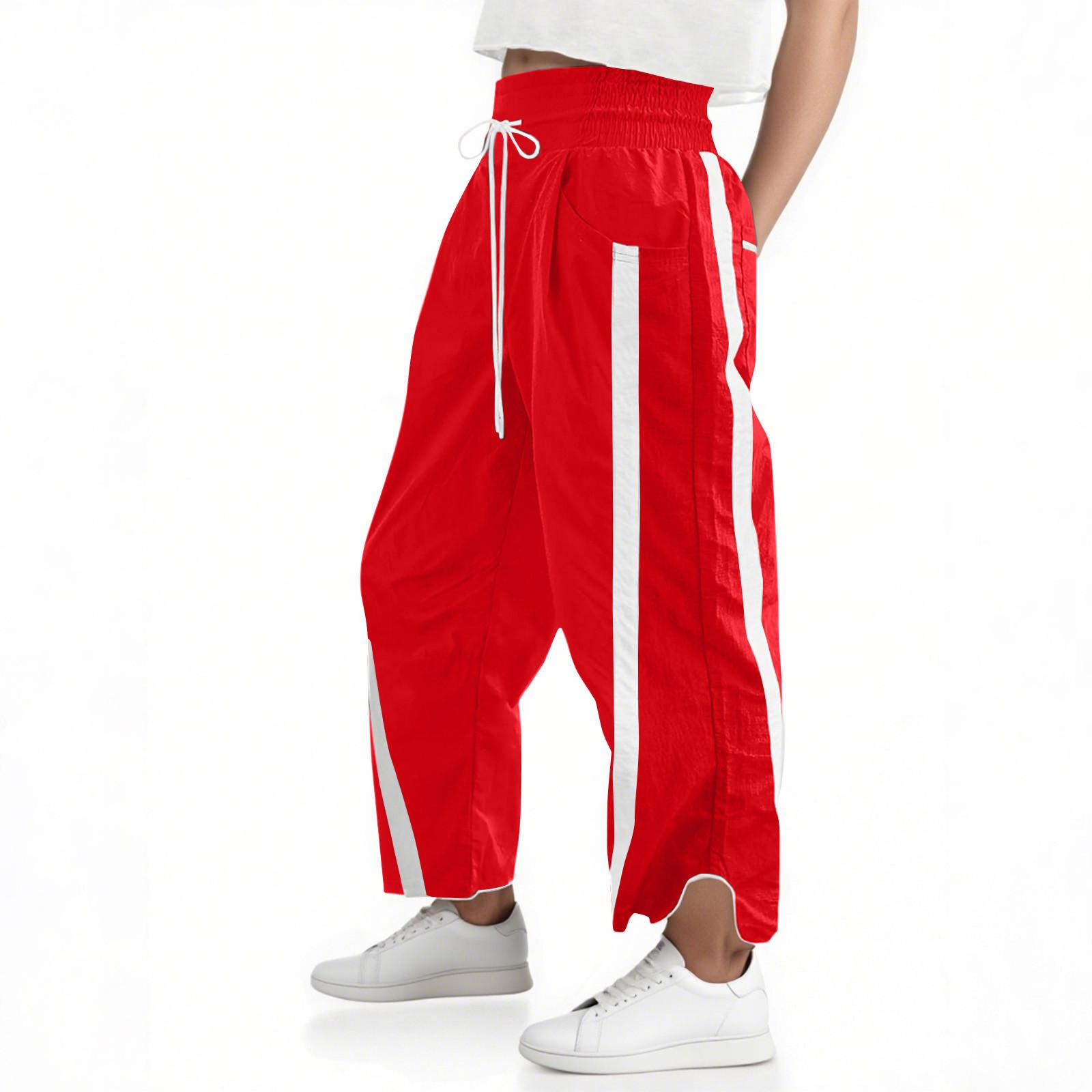 

Women s Baggy Wide Leg Pants Casual Drawstring Elastic Waisted Contrast Color Workout Track Pants XL червоний