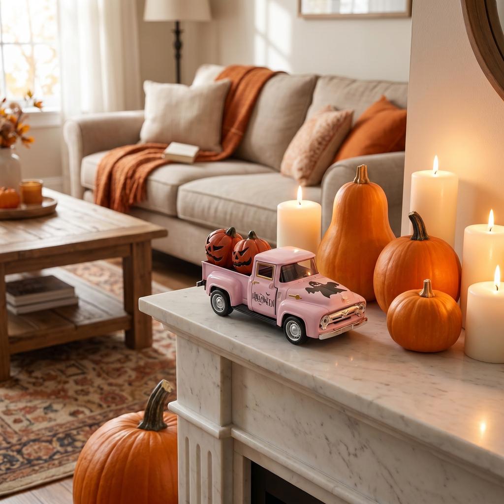 Vintage Halloween Alloy Truck Model with Pumpkins and Figurine for Holiday Decor