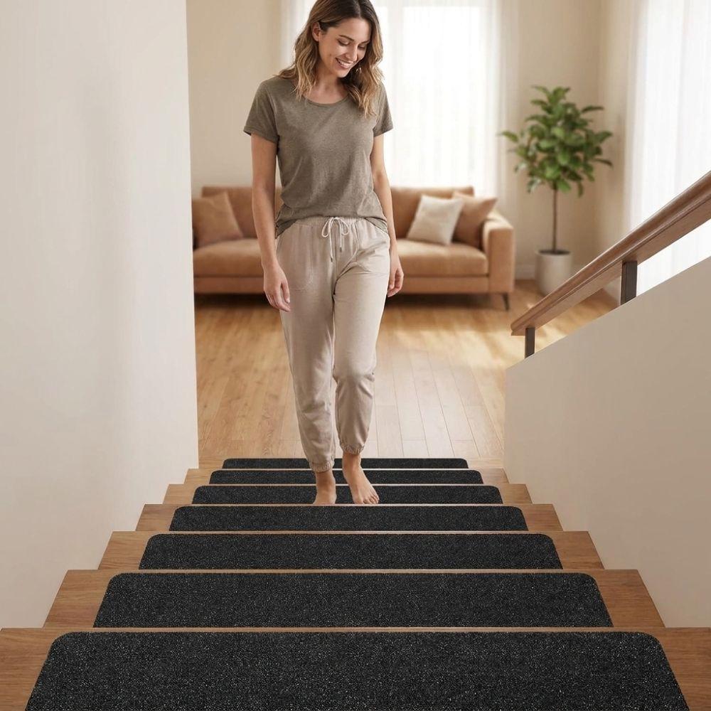 6Pcs Black Frosted Self‑Adhesive Stair Tread Mat Pre-Cut Waterproof Anti-Slip Stair Treads Self-Stick Wear-Resistant