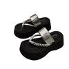 Beige heightening rhinestone pinch flip-flops for women in summer, new muffin thick-bottomed seaside beach cool slippers