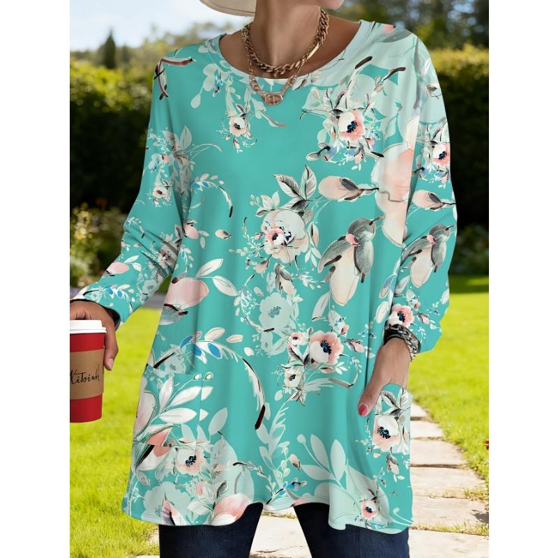 Women s plus size spring floral loose long-sleeved top with pockets S