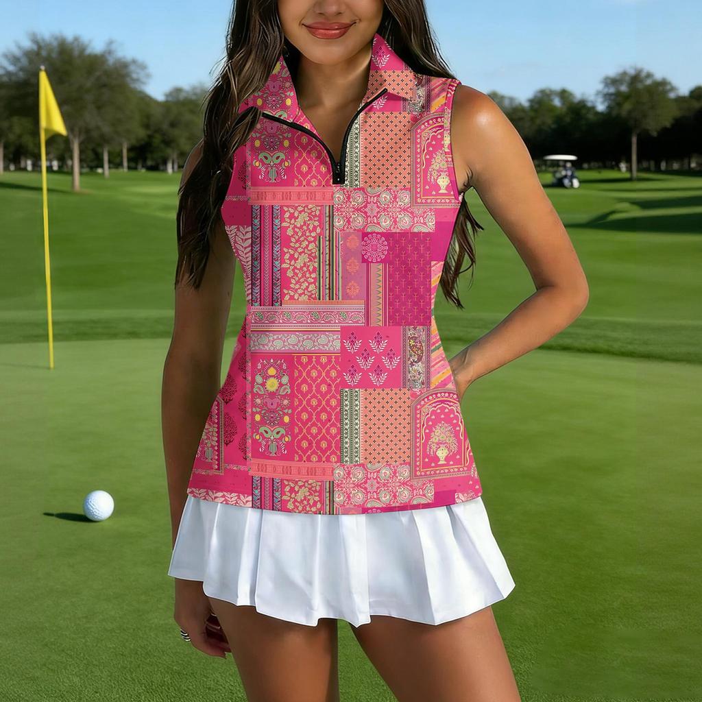 Camiseta Polo de Golf sin Mangas para Mujer con Cuello con Cremallera, Camiseta sin Mangas Deportiva Estampada para Deportes y Actividades al Aire Libre