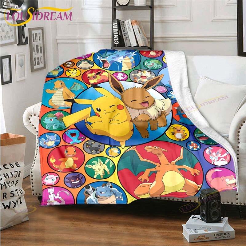 Cartoon Pokemon Printed Pikachu Fleece Plush Blanket Soft Warm Blanket for Adults and Children Bedroom Sofa Gift  Picnic Blanket