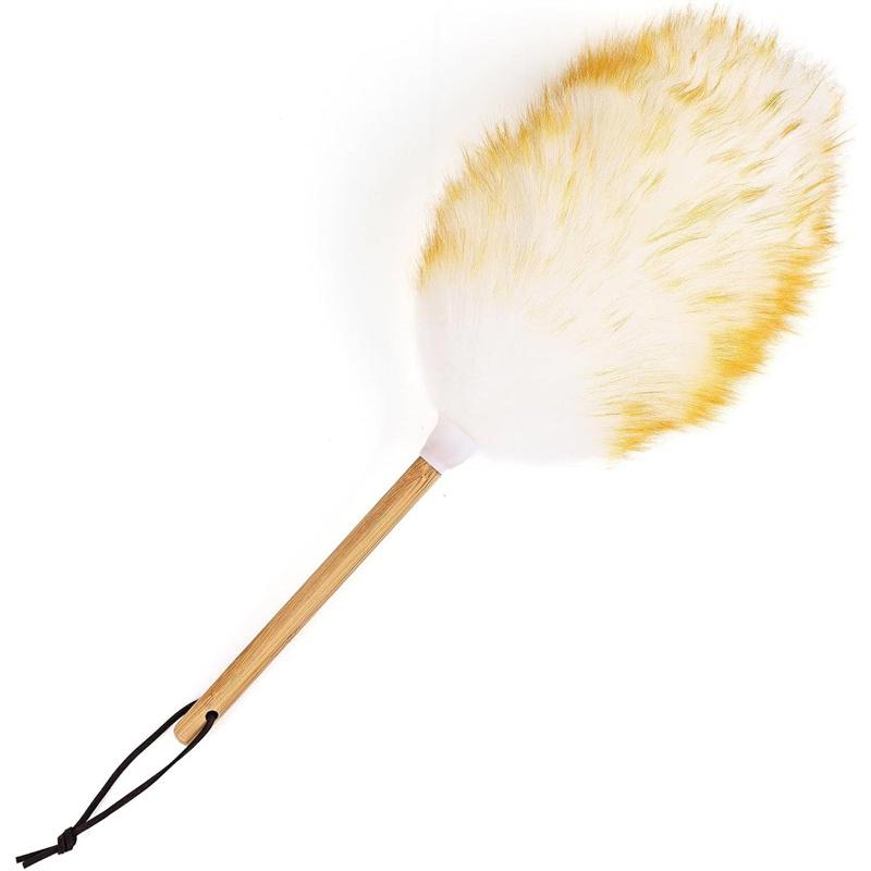 Lambswool Dusters For Cleaning With Solid Wooden Handle, Leather Hanging Strap, 15 Inch Natural Wool Duster
