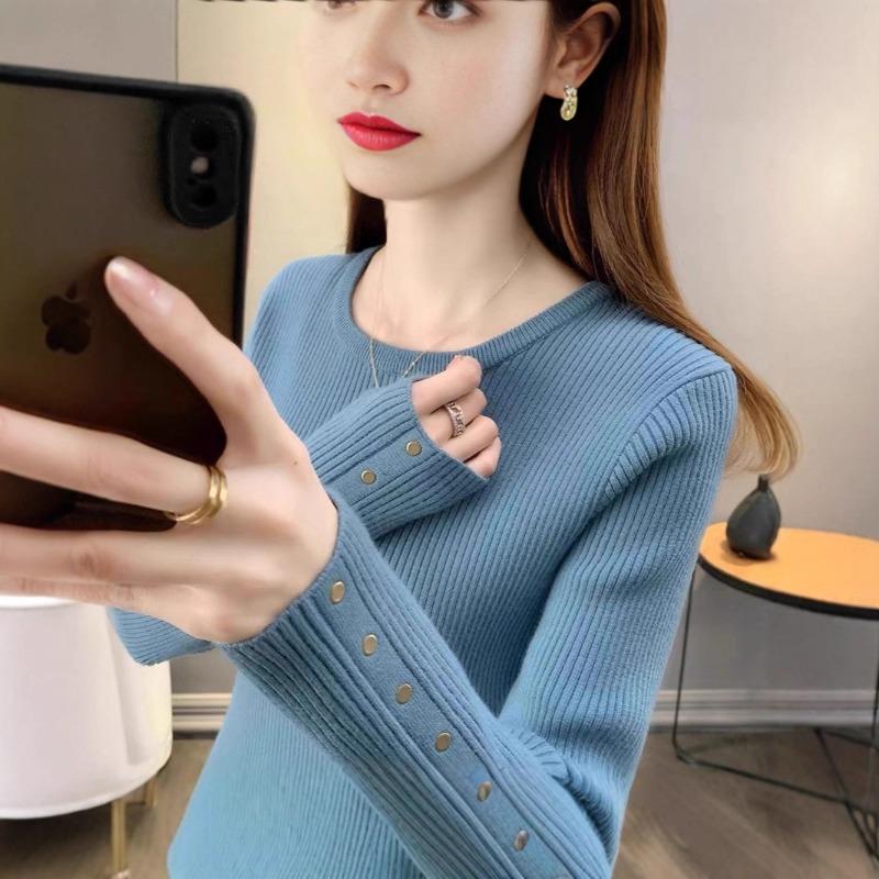 Knitted Bottoming Shirt Women's New Slim-fitting and Thin Solid Color Round Neck Pullover Top