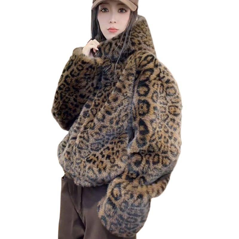 Autumn and winter leopard print new imitation mink hair coat coat loose white light jacket short