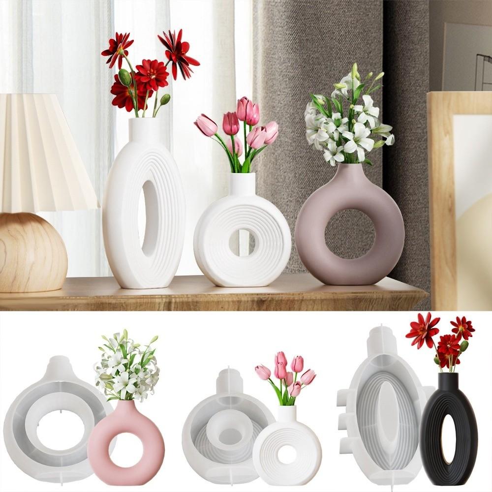 Modern Oval Stripe Silicone Vase Mold Non Toxic Hollow Out Flower Pot Mold Flexible Non-Stick Gypsum Mold Home Decor