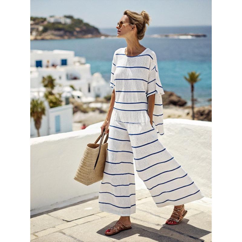 New striped linen suit women's summer loose casual wide-leg pants two-piece literary and artistic style large-size blouse