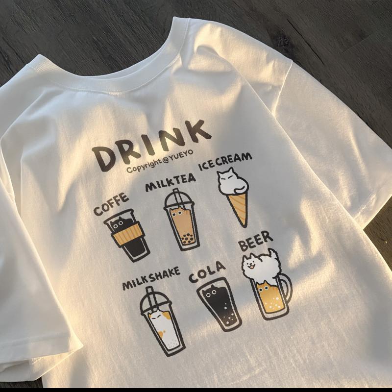 

Womens Korean Drink Cat Letter Print Loose Short Sleeve TShirt Summer Soft Comfort Shirt S