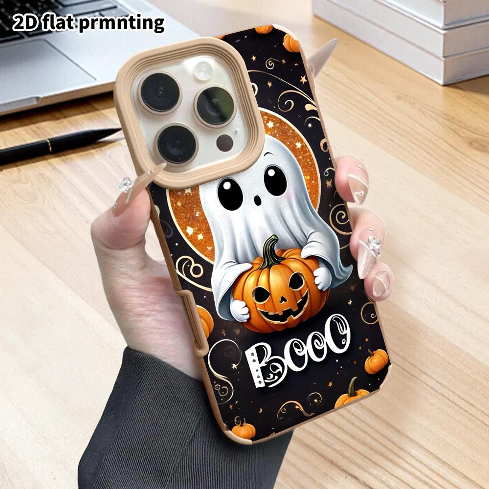 Phone Case: 2D Flat Lambskin Suitable for iPhone 18 17 16 15 14 13Pro, Holding Pumpkin Ghost, Christmas and Halloween Gift