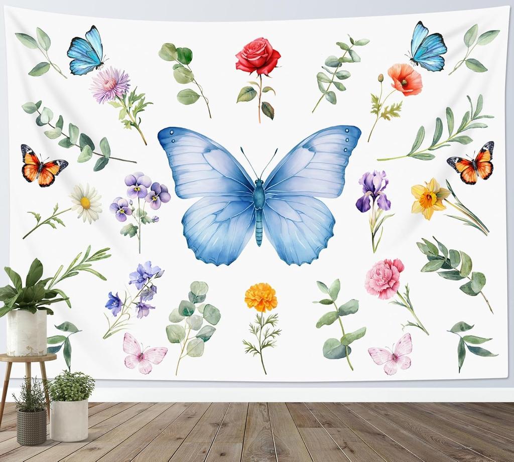 Butterfly Plant Tapestry for Bedroom, Girly Floral Blue Wall Tapestry, Leaf and Flower Botanical Tapestries Wall Hanging for