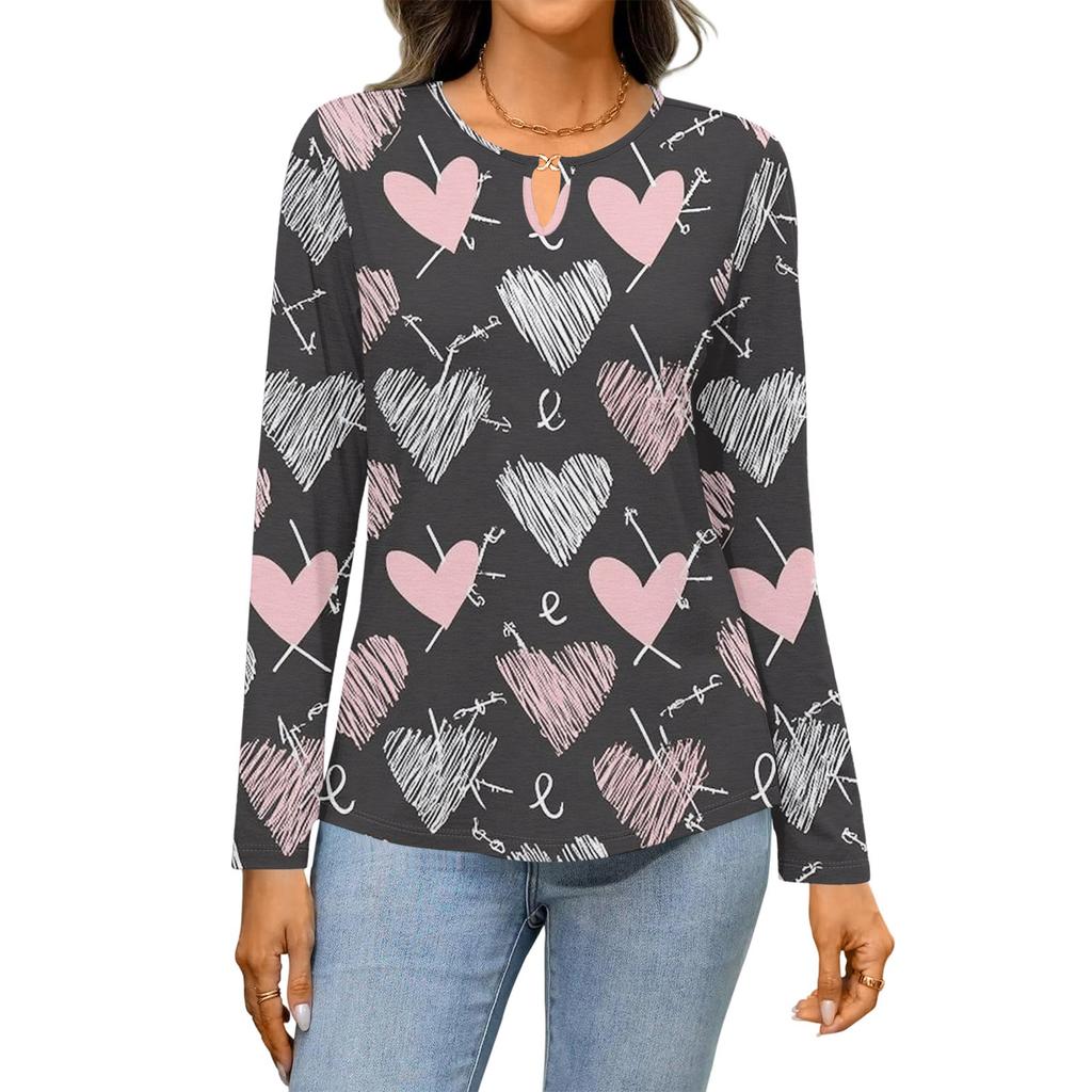 Damen Casual Rundhals Aushöhlung Langarm Valentinstag Herz-Print T-Shirt Top