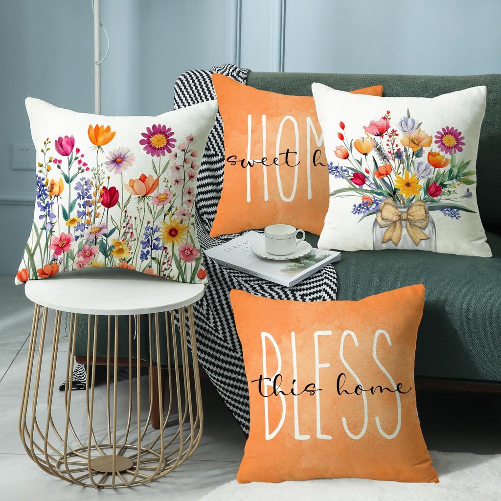 Colorful Floral Home Blessing Pillow CoversLiving room sofa cushion cover, soft and comfortable, bedroom room decoration