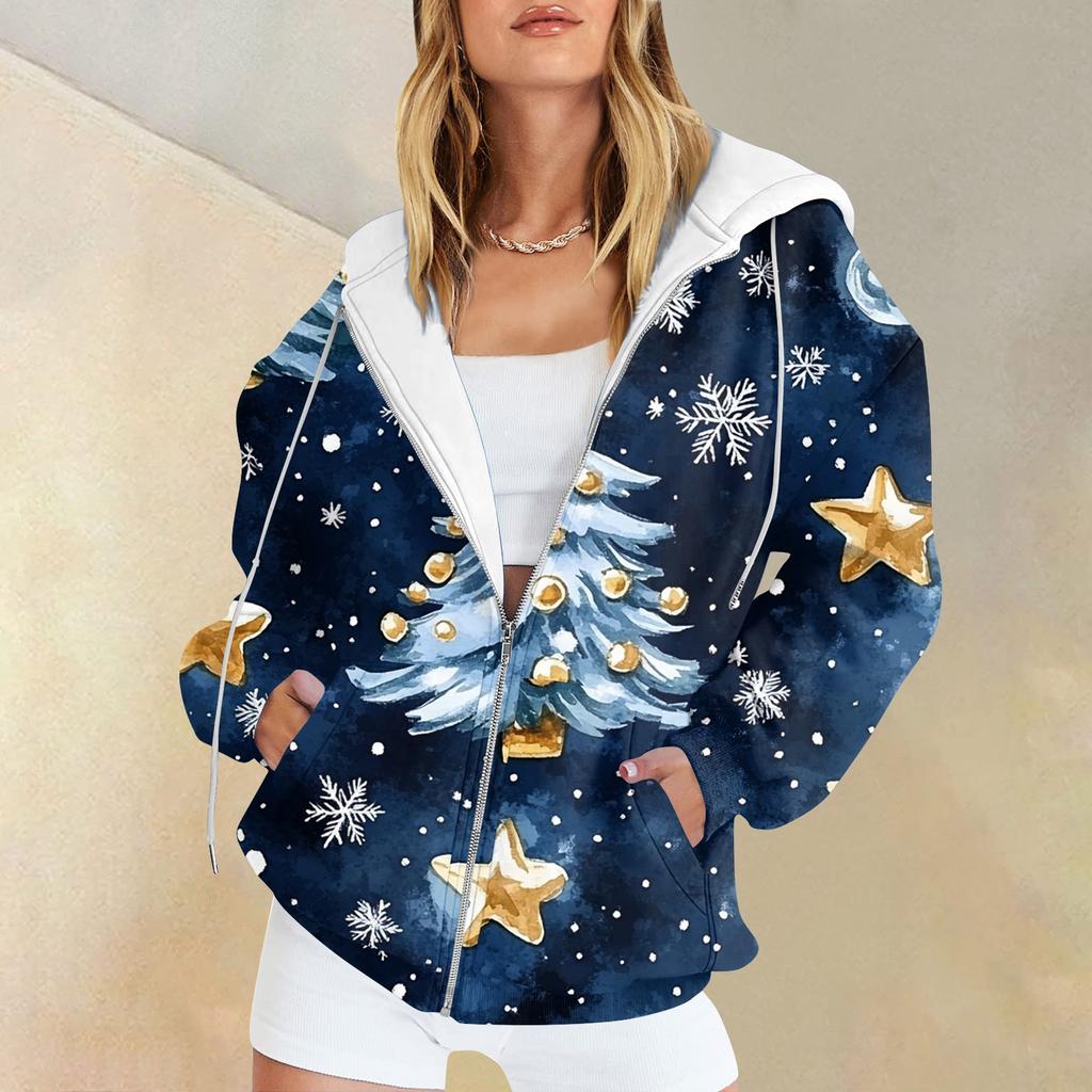 Women's Christmas Printed Sweatshirt  Winter Long Sleeve Cardigan Jacket With Pockets Zipper Hoodie Outerwear