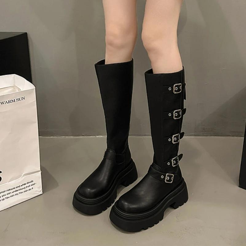 

Женские сапоги осень-зима 2024 года, новые модные универсальные узкие сапоги до колена с пряжкой на толстой подошве для мотоциклистов, женские сапоги Zapatos 35 чёрный