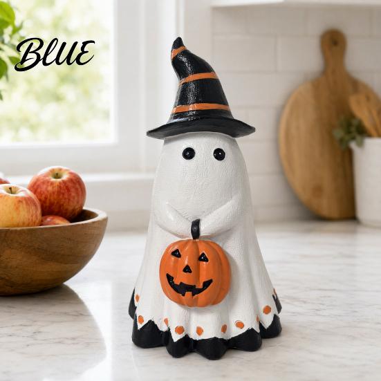 Halloween Home Decor Ghost Figurine Cute Wearing Hat And Holding Themed Party Accessory Pumpkin Statue Resin Ornament for Shelf Tabletop Cool