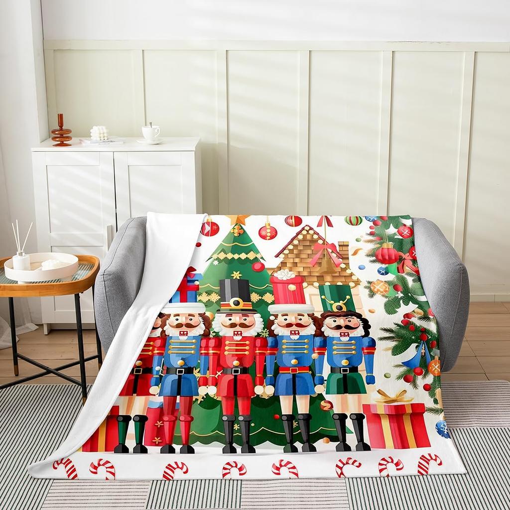 Gingerbread Xmas Flannel Blanket Blue Christmas Tree Candy Throw Blanket Western New Year Theme Cozy Throws for Bed Couch Sofa