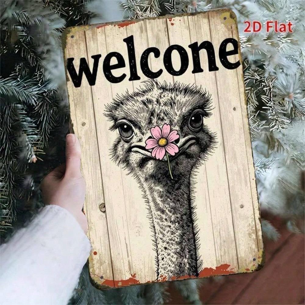 Ostrich Flower Welcome Tin Sign 8x12 Inch Creative Garage Metal Plaque Bold Lettering