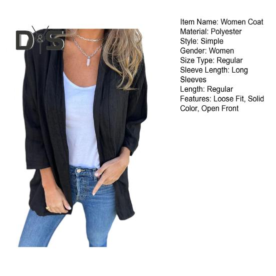 Women Coat Loose Fit Basic Collar Long Sleeve Top Solid Color Open Front Outwear Spring Autumn Casual Daily Wear