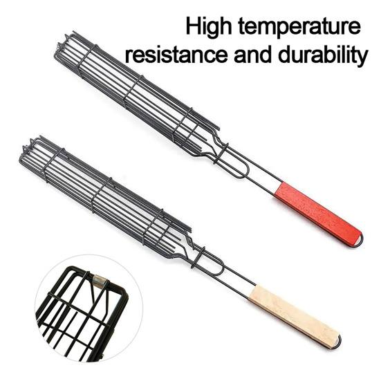 Mini Barbecue Grill Basket with Wooden Handles Non-Stick Rotisserie Cage for Chicken Vegetables