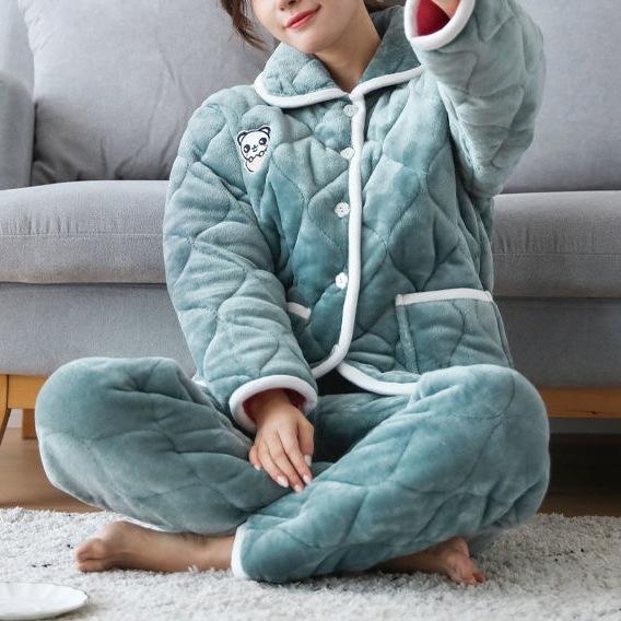 Süße warme wattierte Baumwolle kann draußen getragen werden dreilagiger Pyjama Damen Winter Loungewear verdickt saisonal große Größe