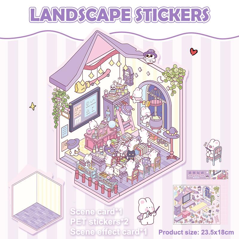 1Set Cartoon Cute Landscape Stickers Cabin Scene Diy Game Stickers Hand Account Decoration Stickers Creative Diy Stickers