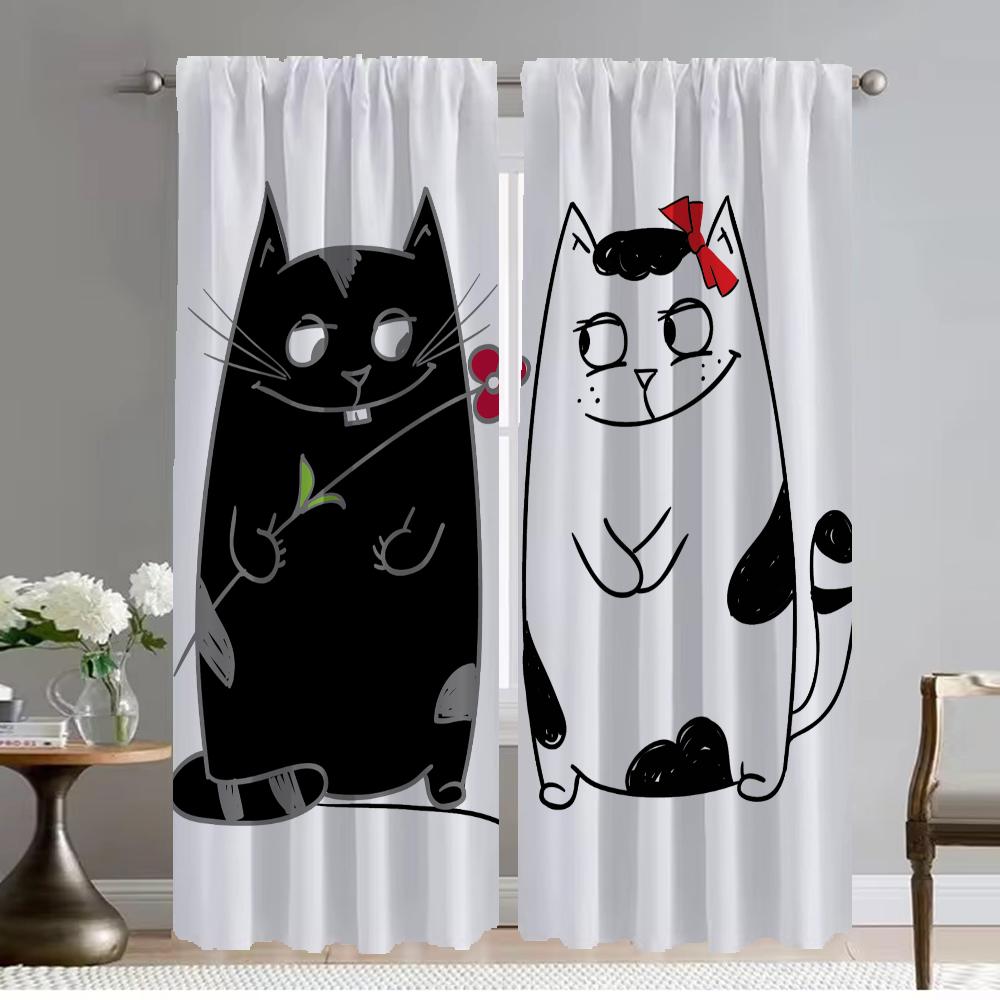 Moderní závěsy do obývacího pokoje pro milovníka koček s vtipným motivem, okenní závěs pro pokoj, 2 panely, halloweenská dekorace, stínidla, dělicí stěna
