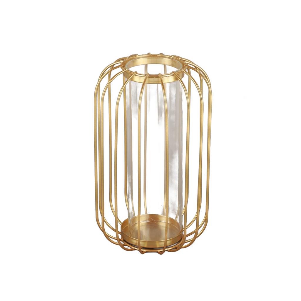 Nordic Lantern Shaped Wrought Iron Vase Glass Iron Tabletop Flower Vase(  Gold)