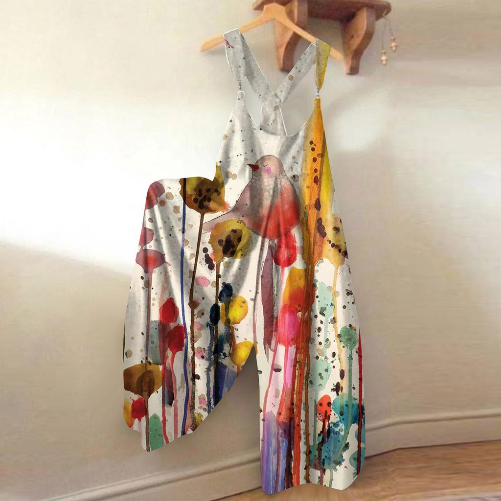 Wide Leg Overalls For Women Casual Loose Sleeveless Jumpsuits Retro Print Metal Button Long Pant Romper Jumpsuit With Pockets