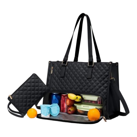 Dámská svačinová taška přes rameno s termoizolační přihrádkou na jídlo, velká kapacita, taška na notebook, prošívaná kabelka pro práci, cestování, business casual