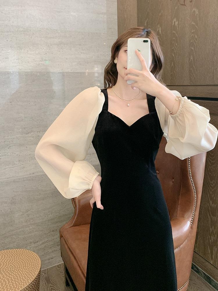 Hepburn style dress women s early autumn new French retro slim splicing bubble sleeves black velvet dress S чёрный