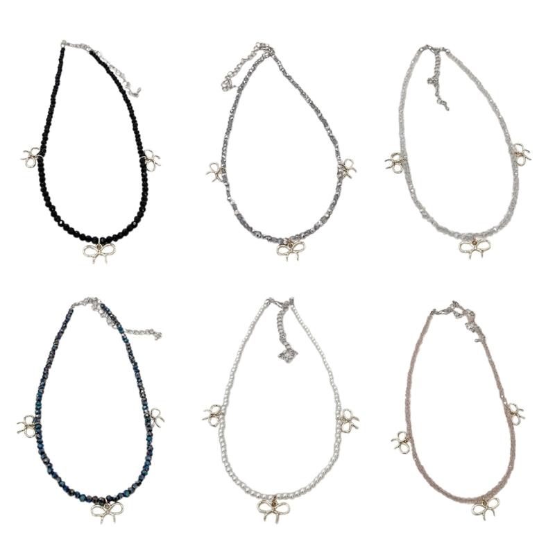Fashion Elegant Bowknot Charm Necklace Crystal Beaded Clavicle Chain Choker Necklace Statement Jewelry Neck Chain