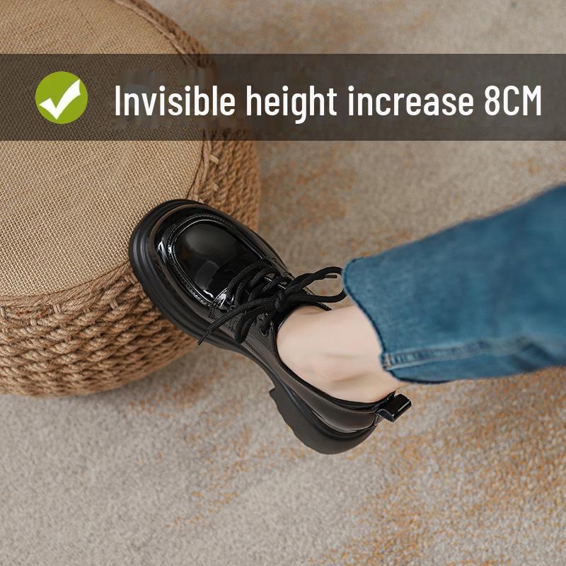 Women's Genuine Leather Thick-Soled Lace-Up Loafers, High-Heeled, British Style, Autumn/Winter 2024.