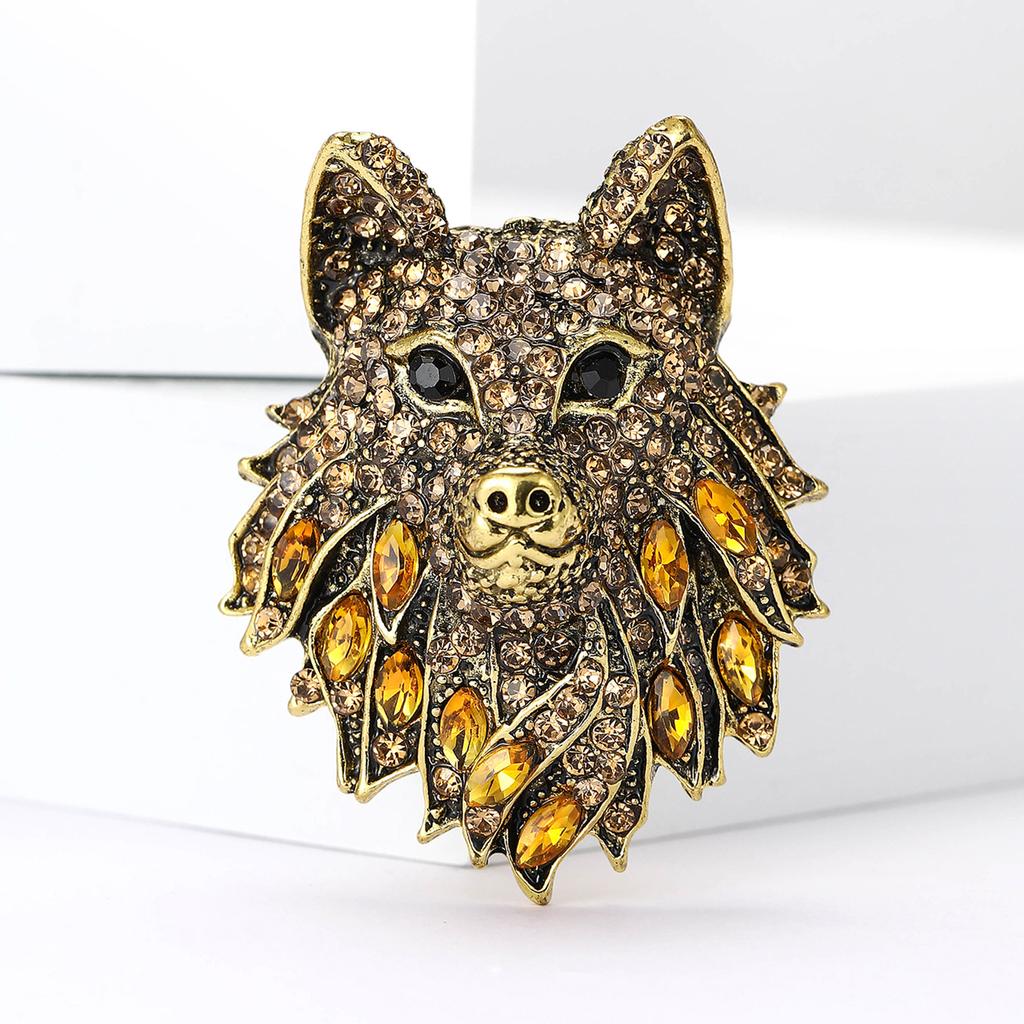 Exquisite Retro Alloy Rhinestone Wolf Head Brooch Domineering High-End Men'S Suit Coat Corsage Jewelry Pin