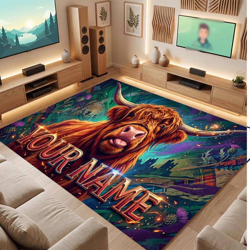 Highland Cow Theme Soft Crystal Velvet Rug Custom Name & Text Print Non Slip Floor Rug for Bedroom Living Room