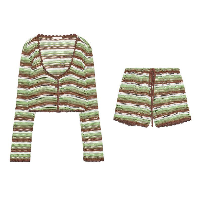 Crochet V-neck Long Sleeve Outerwear 8779620 Lace-up Decoration Fashion Temperament Casual Shorts 8779621