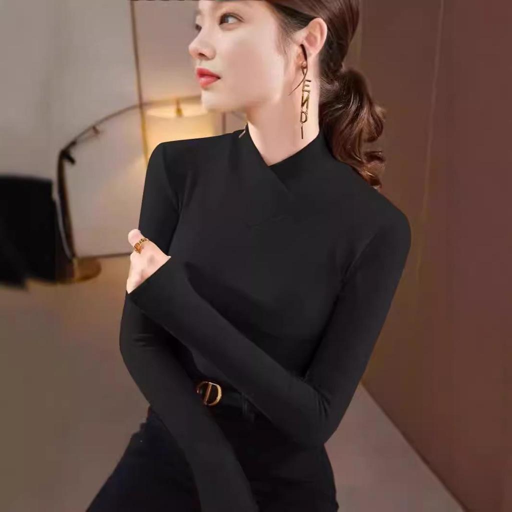 Double-sided Threaded Semi-high Neck Slim-fit Warm Base Layer Top for Women - Autumn/Winter Long-sleeve T-shirt