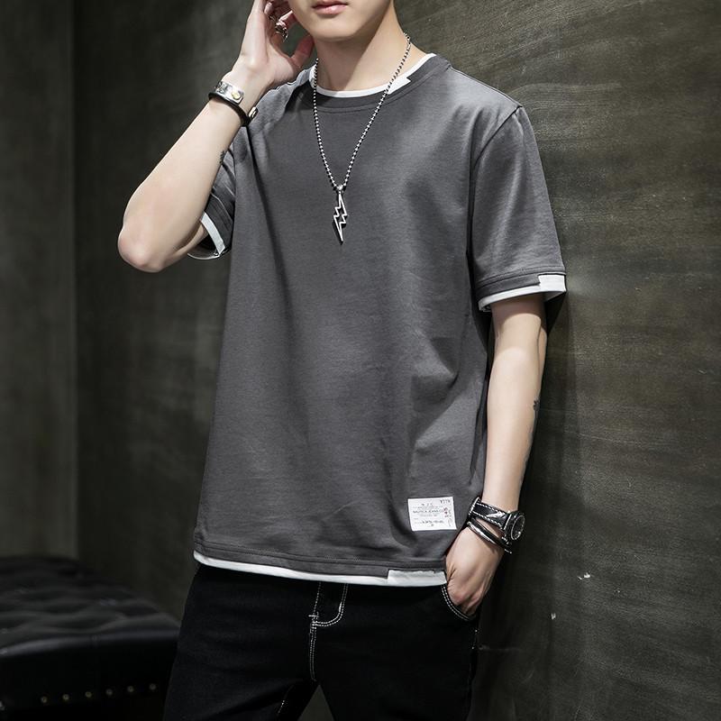 Men's Short-Sleeve Two-Piece Look Cotton T-Shirt, Loose & Breathable Hong Kong Style, Comfortable Spring/Summer Casual Innerwear Trend