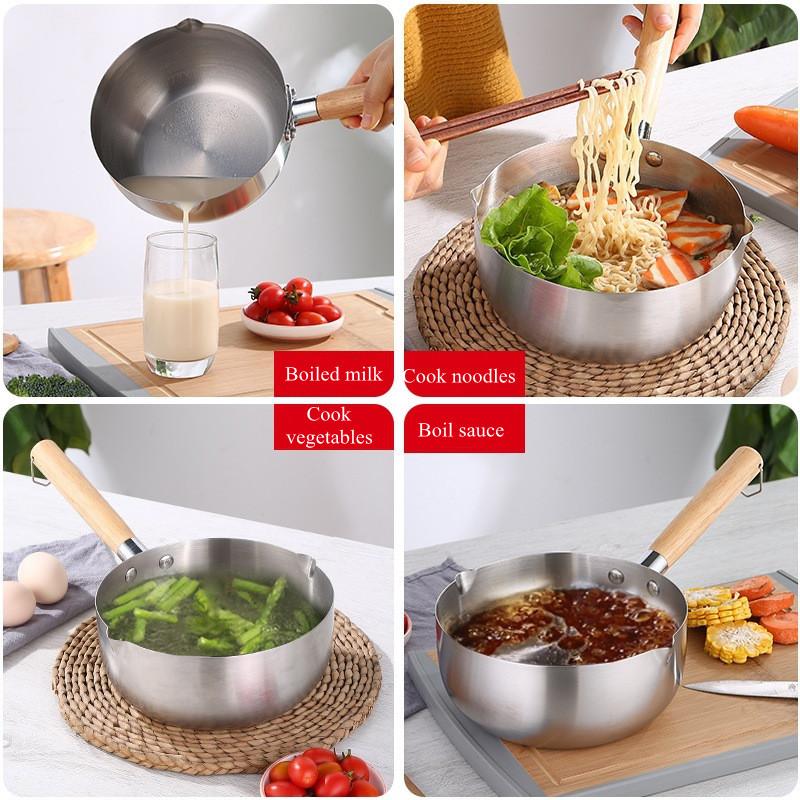 Japanese Non-Stick Frying Pan Saucepan with Wooden Handle Flat Bottom Ramen Noodle Cooking Sauce Milk Pots Home Kitchen Cookware