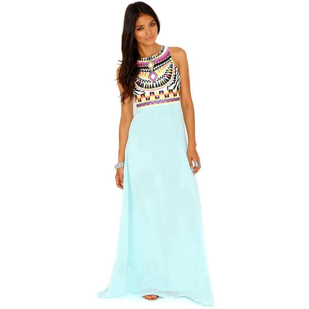 Elegant Women Round Neck Sleeveless Geometric Print Chiffon Dress Long Floor Length Stylish Casual Attire