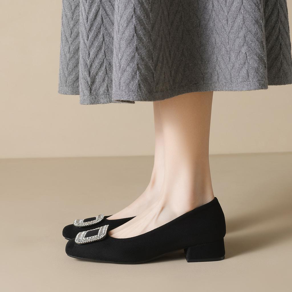 Coarse Heel Single Shoes Women's New Spring and Autumn Black Work Rhinestone High Heels