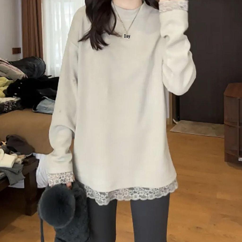 Chic Lace Long Sleeve Slimming T-Shirt - Plus Size Women’s Autumn/Winter Fashion