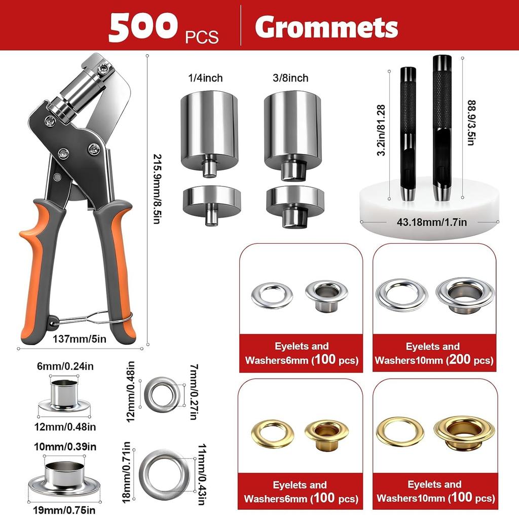 Grommet Kit of 1/4" and 3/8" Punch with 500 Pcs Metal Eyelets,Handheld Heavy Duty Eyelet Pliers Rivet Press Tool Set