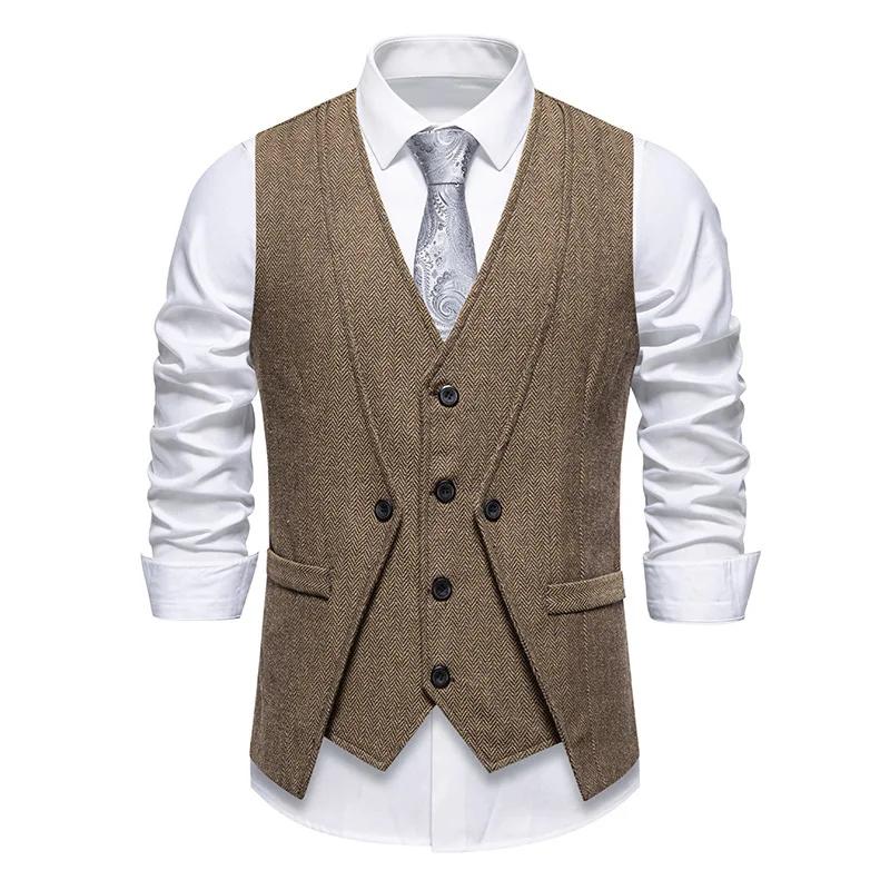 England Style Men's Suit Vests Fake Two Pieces Business Casual Waistcoats Vintage Mens Formal Dress Vest
