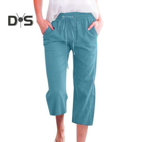 Women Cropped Pants Mid-rise Elastic Waist Adjustable Drawstring Casual Pants with Pockets Loose Fit Summer Pants