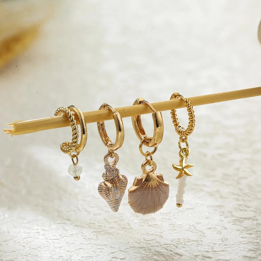 4PCS  Bohemian Ocean Style Starfish Pendant Beaded Ear Bone Clip Girls Shell Conch Earrings Set For Women