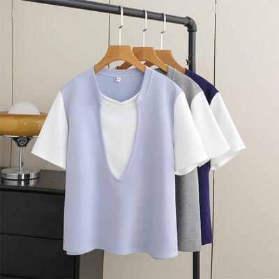 2026 Women's Plus Size Color Block College Style Short Sleeve Pullover T-shirt