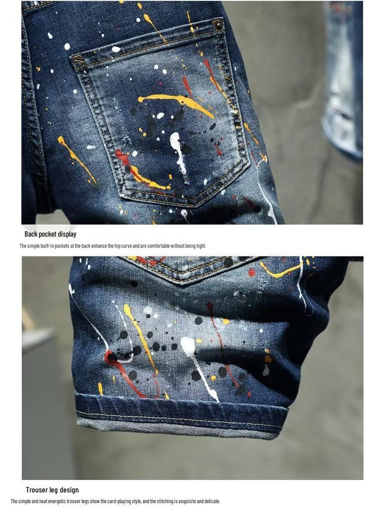Męskie dżinsowe szorty z efektem rozpryskującej się farby - Modny krój slim fit, średniej długości, styl koreański, letnie obcisłe uniwersalne.